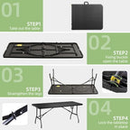 6FT Folding Table Portable Picnic Table Heavy-Duty Fold-in-Half Utility 6 Foot Foldtable Table with Carry Handle for Outdoor Indoor Party, Dining, Wedding, Camping, Black Ratten