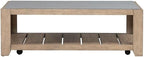 Pemberly Row 3-Piece Coffee Table Set, Rubberwood with Split Heart Cathedral White Oak Veneers, Nutmeg Finish, Includes Cocktail Table with Casters & 2 End Tables with Drawers, Tile Insert Tops for