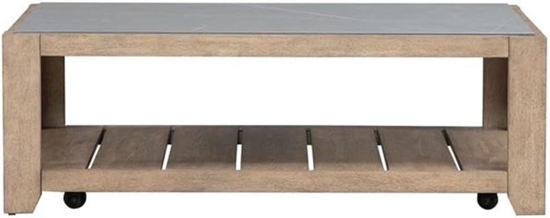 Pemberly Row 3-Piece Coffee Table Set, Rubberwood with Split Heart Cathedral White Oak Veneers, Nutmeg Finish, Includes Cocktail Table with Casters & 2 End Tables with Drawers, Tile Insert Tops for