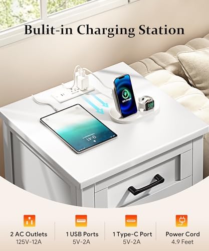 Decofy Farmhouse Nightstand with Charging Station & Large Storage, Set of 2 Modern End Tables with Outlets, USB Ports and Type-C Ports, Easy Assembly for Bedroom (Pure White)