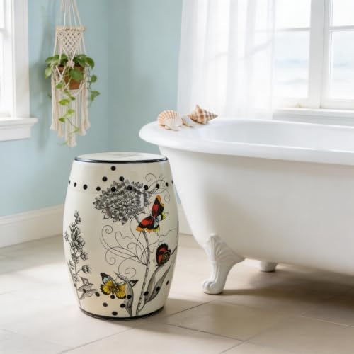 Hand-Painted Floral Bird Ceramic Drum Stool - Oriental Artistry Storage Ottoman, Accent Seat, End Table (The Butterfly‘s Floral Dance)