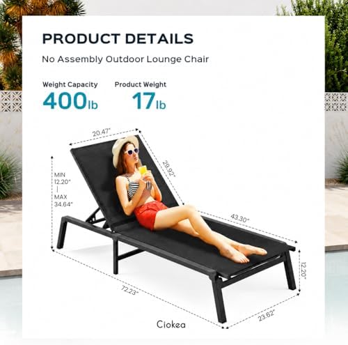 Ciokea Aluminum Chaise Lounge Ourdoor, Foldable & Assemble Free Outdoor Lounge Chair with 5 Adjustable Backrest, Patio Lounge Chair for Outside Poolside Beach Pool, Black