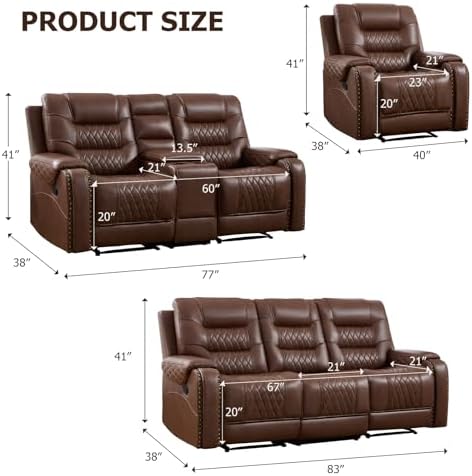 EBELLO 3PCS Faux Leather Recliner Sofa Furniture Set, Included Recliner Chair, Manual Loveseat and 3 Seat Reclining Sofa Couch, Vintage Rivet Mid-Century Modern Design for Living Room, Brown