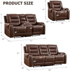 EBELLO 3PCS Faux Leather Recliner Sofa Furniture Set, Included Recliner Chair, Manual Loveseat and 3 Seat Reclining Sofa Couch, Vintage Rivet Mid-Century Modern Design for Living Room, Brown