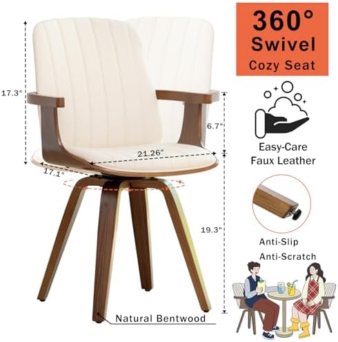 Mid Century Modern Dining Chairs, Swivel Dining Chairs with Arms Walnut | Natural Bentwood Frame, Faux Leather Upholstered Seat , Wooden Arms and Legs, Leather Swivel Chairs for Kitchen, Dining Room