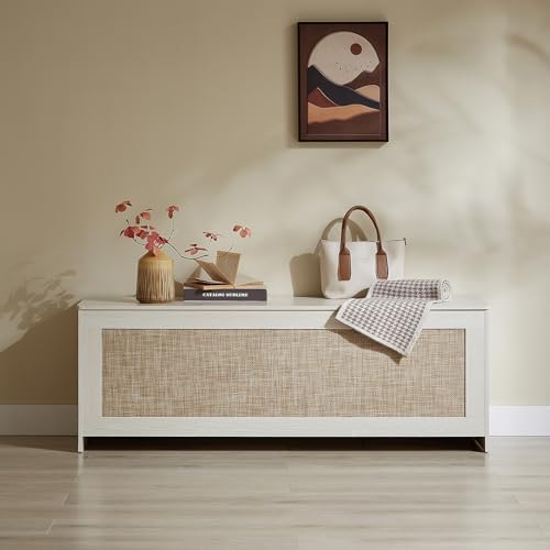 51.2" Storage Chest Large,Wooden Rattan Storage Bench.(White Cream) | Storage trunk with 2 Safety Hinges, 51.2x15.7x18.3 Inch, Easy Assembly, Storage bench For Bedroom, Living Room, Entryway