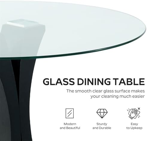 Round Dining Table, 47" Glass Dining Table for 4-6, Glass Kitchen Table with Robust Pedestal for Apartment Home Kitchen Living Room(Black)