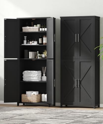 Akxomel 63''H Tall Farmhouse Bathroom Storage Cabinet with 4 Doors Black | Floor Storage Cabinet with Barn Doors, Adjustable Shelf, Pantry Cabinet for Kitchen, Laundry Room, Living Room, Entryway
