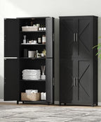 Akxomel 63''H Tall Farmhouse Bathroom Storage Cabinet with 4 Doors Black | Floor Storage Cabinet with Barn Doors, Adjustable Shelf, Pantry Cabinet for Kitchen, Laundry Room, Living Room, Entryway