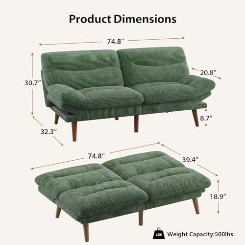 PERLECARE Convertible Futon Sofa Bed, 73" Corduroy Futon Couch with Adjustable Backrest and Armrests, 3-in-1Recliner Sleeper Sofa for Small Spaces, Play Room,Living Room or Office（73in,Green）