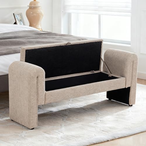 Linen Fabric Bench for Bedroom End of Bed, 60.5 inch Upholstered Linen Fabric Storage Bench Ottoman Bench with Rolled Arms, Button-Tufted Ottoman for Living Room, Entryway (Oatmeal)