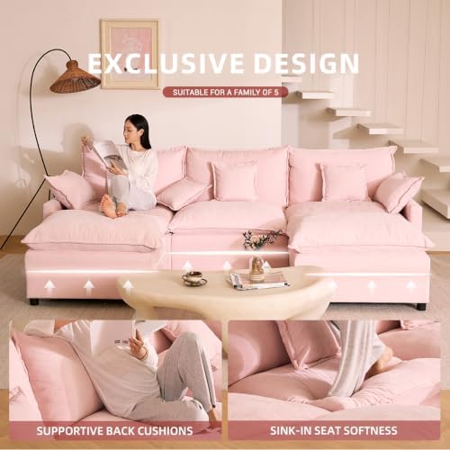 GOSUHI 108" U-Shaped Modular Cloud Couch, Deep Seat, Chenille Pink | Cloud Comfort, Couches for Living Room, Removable & Machine-Washable Covers, Movable Ottoman, Modular Sectional Sofa