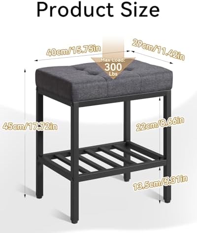 IBUYKE Rectangular Makeup Stool, Linen Seat Vanity Chair, Dark Gray WBD017G | Adjustable Feet Storage Space Footrest Multi-Use Small Side Table Ottoman Bedroom