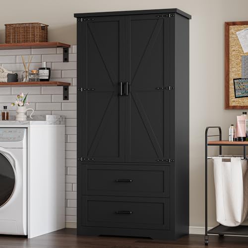 BORNOON Pantry Organizers and Storage Cabinet, 71” Barn Door White Kitchen Cabinet with Drawers and Adjustable Shelf, Tall Pantry for Kitchen, Dining Room, Living Room. Bathroom and Office