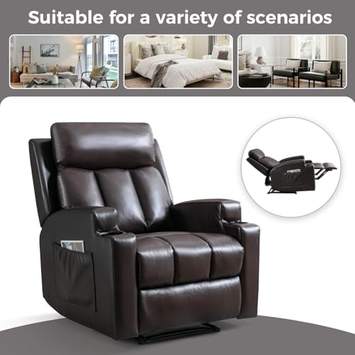 CANMOV Manual Recliner Chair with Massage and Heat,Breathable Leather Recliner Chair with Armrest and Backrest, Manual Reclining Single Sofa with 2 Cup Holders, Side Pocket for Living Room,Dark Brown