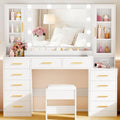 53.15" Large Glass Top Vanity Desk with Mirror and Lights, White