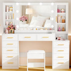 53.15" Large Glass Top Vanity Desk with Mirror and Lights, White