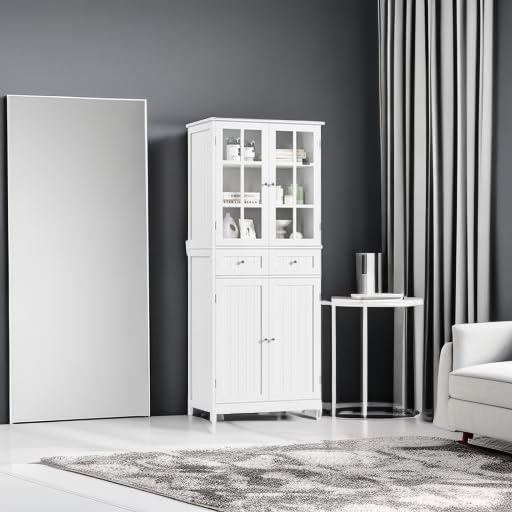 BOTLOG 71" Tall Kitchen Pantry Storage Cabinet, Pantry Cabinet with Drawers and Glass Doors, Freestanding Kitchen Cupboard for Dining Room, Laundry, White