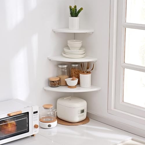 Corner Shelf, White Solid Oak Wood Floating Corner Shelves Wall Mount Round End Floating Speaker Rack Display Shelf for Small Plant Photo Frame (White, 7in)