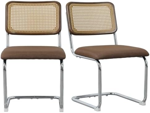 Rattan Dining Chairs Set of 2,Linen Cesca Chair Kitchen Chair,Coffee2 | VICBARLEY Mid Century Modern Dining Chairs,Wood Cane Backrest&Chrome Base,Upholstered Side Chair for Dining Room,Kitchen