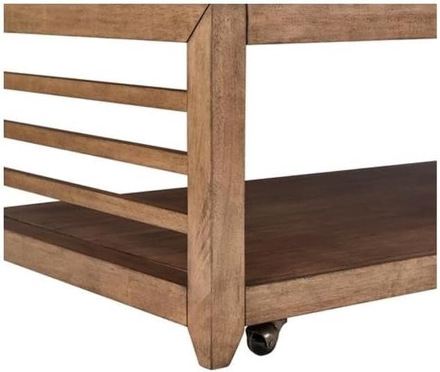 Pemberly Row 3-Piece Living Room Table Set, Harvest Brown Wood Finish, Poplar and Maple Veneers, Includes Cocktail Table with Casters and 2 End Tables, Shaker Style, Storage Shelves for Living Room