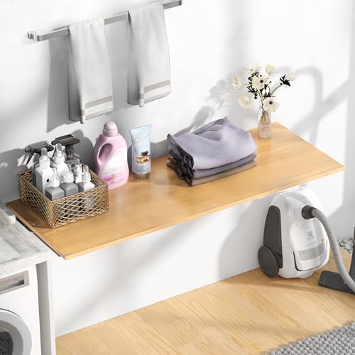 Need 47x20 Inch Wall Mounted Folding Table for Office Laundry Teak | Black Frame Fold Down Wall Mount Desk Folding Wall Table for Small Apartment, Garage&Ironing Station