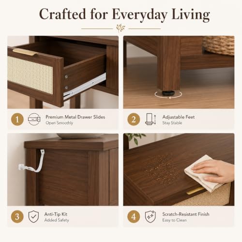 Luoxiao Console Table for Entryway with 3 Rattan Drawers Storage Open Shelf | Narrow Entry Table for Hallway, Foyer, Couch, Front Entrance, Anti-Tip, Easy to Assemble, 47 Inch, Walnut, Mid-Century Modern