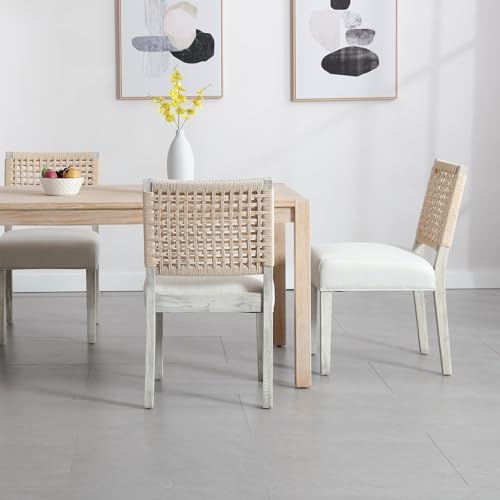 chairus upholstered Dining Chairs Set of 4, Boho Coastal Dining Room Chairs with Natural Woven Rope Back White Gray Washed Wood Leg Modern Farmhouse Wooden Kitchen Side Chairs, Ivory Linen Seat