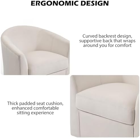 Swivel Accent Chair, Upholstered Velvet Barrel Armchair, Modern Round Single Sofa Seating Comfy Reading Corner Chairs for Living Room Bedroom, Fully Assembled (Velvet Ivory, Set of 2)
