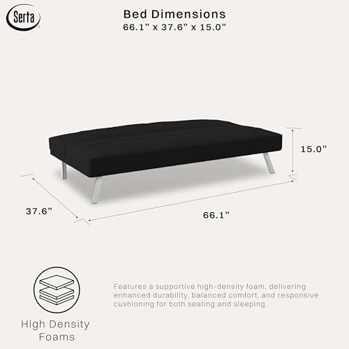 Serta® Rane Futon Sofa Bed 66.1", 3-in-1 Convertible Couch Sleeper for Small Spaces, Tufted Back, Twin Size Guest Bed, Black Woven Fabric