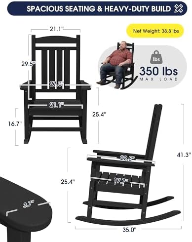 KINGYES Oversized Outdoor Rocking Chairs Set of 2, HDPE Porch Rocker, Black | - Rocking Chairs for Outdoor with Wide Seat - 350LBS Support for Adults
