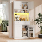 71" Tall Kitchen Pantry Cabinet with Microwave Countertop, LED Lights White | 29.5" W Wood Kitchen Hutch with Drawer, 4 Doors, Charging Station and Adjustable Shelf for Dining Room and Living Room