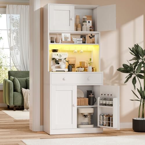 71" Tall Kitchen Pantry Cabinet with Microwave Countertop, LED Lights White | 29.5" W Wood Kitchen Hutch with Drawer, 4 Doors, Charging Station and Adjustable Shelf for Dining Room and Living Room