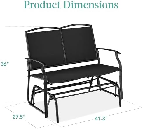 Best Choice Products 2-Person Outdoor Patio Swing Glider Steel Bench Loveseat Rocker for Deck, Porch w/Textilene Fabric, Steel Frame - Black