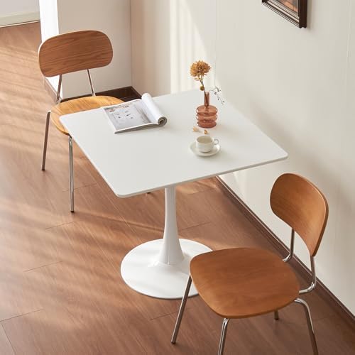 Square Dining Tulip Table for 4, Mid-Century Modern Table with Sturdy Metal Pedestal for Kitchen, Bistro, Cafe, Leisure (White, 31.5 INCH)