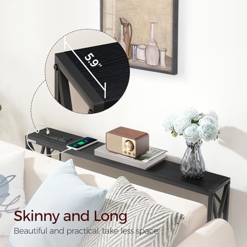 MAHANCRIS 5.9" Narrow Sofa Table with Charging Station, 39.4 Behind Couch Table with Outlet, Slim Entryway Console Table, Small Space, for Hallway, Living Room, Foyer, Black CTHB151E01