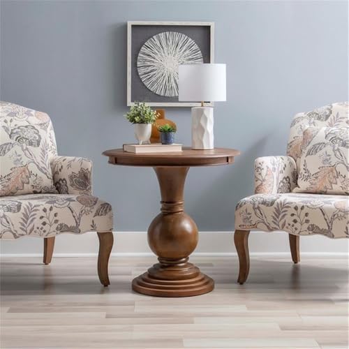 Pemberly Row Round Wood Accent Table, 26.5" High, Rustic Natural Finish, Pedestal Base, Compact Size for Living Room, Bedroom, or Bathroom Decor, Supports Up to 50 lbs
