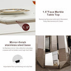 70'' Faux Marble Dining Table for 6-8, Modern Dining Room Table with Mirrored Stainless Steel Base, Suitable for Kitchen, Restaurant, Office, MDF Finish-White Silver