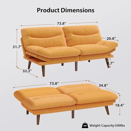 Pipishell Futon Sofa Bed, Modern 66" Futon Couch Convertible to Bed & Lounger, Compact Size, Corduroy Loveseat, Durable Construction - Fits Small Spaces, Apartments,Study Room (Yellow, 66 Inch)