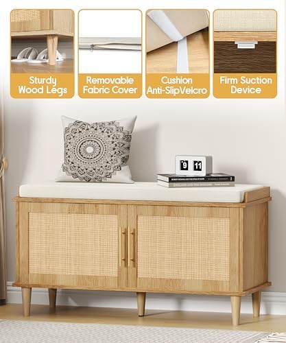 Akxomel 39.4" Rattan Shoe Storage Bench 2 Doors Wooden Entryway Bench Oak | 2 Tier Shoe Bench with Padded Cushion, Adjustable Shelves and 2 Doors, Solid Wood Legs, for Hallway, Living Room, Bedroom