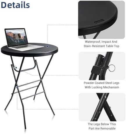 Byliable 28in Folding Cocktail Table, Round Bar Height Table, Black 2-Pack | Foldable Design with Removable Legs, HDPE Tabletop, 43.3 in Tall, Indoor Outdoor for Parties, Patios, Weddings, Events