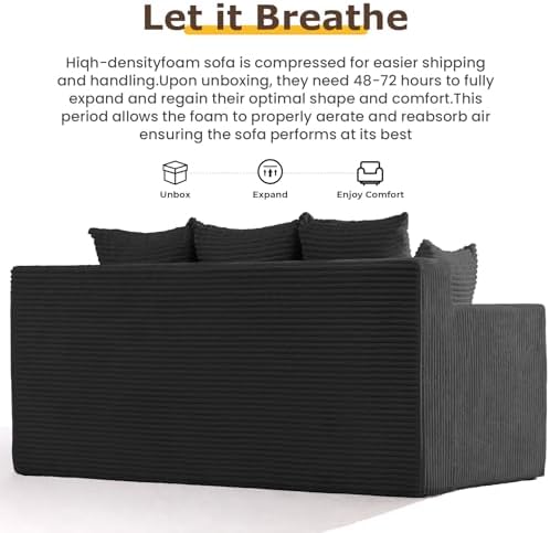 3 Seater Couch for Living Room, Convertible Futon Sofa Bed Comfy Pull Out Couch with 5 Pillows & Detachable Washable Cover, Upholstered Floor Sofa in A Box, No Assembly Required, Black