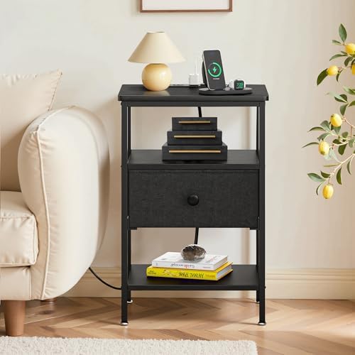 VECELO Nightstands with Charging Station Set of 2,Bedside Tables with Storage Shelf&Fabric Drawer,End Tables for Bedroom,Living Room,Small Spaces,Black