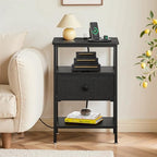 VECELO Nightstands with Charging Station Set of 2,Bedside Tables with Storage Shelf&Fabric Drawer,End Tables for Bedroom,Living Room,Small Spaces,Black