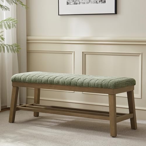 VKNOW Entryway Bench, Storage Shoe Bench with Rubberwood Legs, Green | Shoe Rack Bench with Cushion, Soft Chenille Fabric, Stripe Design, Bench With Shoe Storage for Hallway, Bedroom