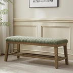 VKNOW Entryway Bench, Storage Shoe Bench with Rubberwood Legs, Green | Shoe Rack Bench with Cushion, Soft Chenille Fabric, Stripe Design, Bench With Shoe Storage for Hallway, Bedroom