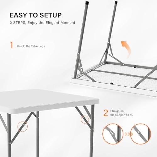 VINGLI White Card Square Table, 34 inch Foldable Legs Full Table Top, Easy to Set up and Store, Folding Portable for Game Puzzles, Gathering, Party, Dining, Indoor, Outdoor, Outside