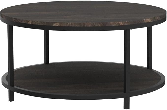 NSdirect 36 inches Round Coffee Table, Rustic Wooden Surface Top & Sturdy Metal Legs Industrial Sofa Table for Living Room Modern Design Home Furniture with Storage Open Shelf(Rustic Brown)