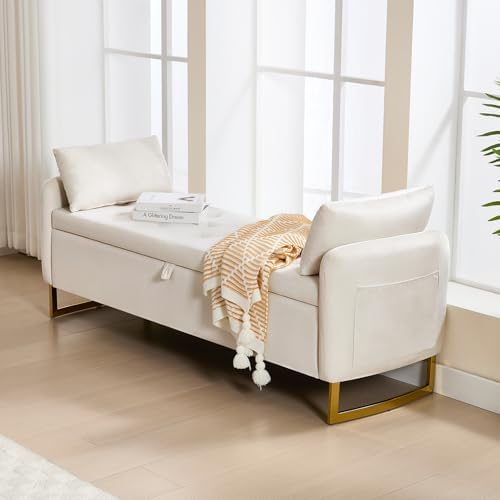 Storage Bench for Bedroom, 65 Inch End of Bed Storage Bench Beige | Velvet Storage Ottoman Bench, Tufted Upholstered and Gold Legs, Bedroom Bench with Storage, Arms, 2 Pillows, for Window