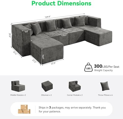 MONVANE U Shaped Sectional Couch Oversized, Chenille, Gray | 6-Seat Sectional Couch for Living Room, Modular Cloud Sofa with Ottoman & 6 Throw Pillows, No Assembly Required